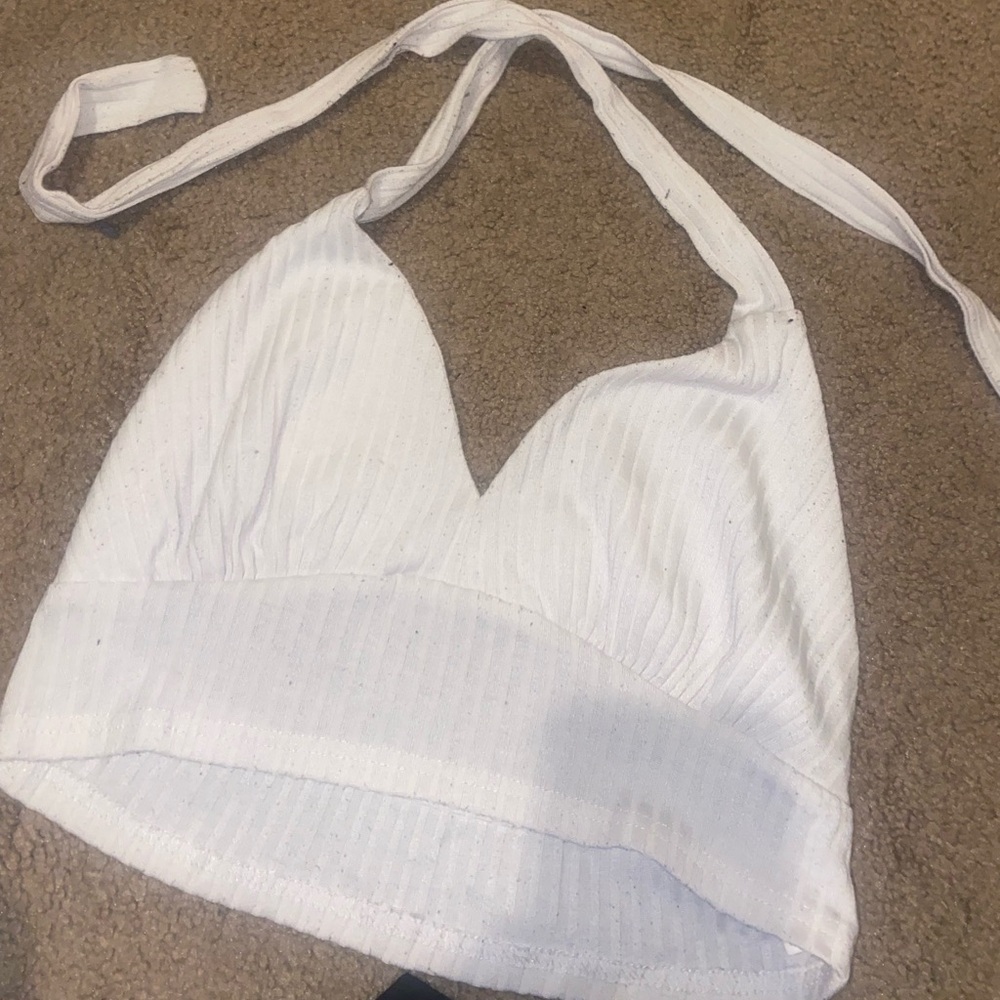 WHITE V NECK HALTER TOP RIBBED